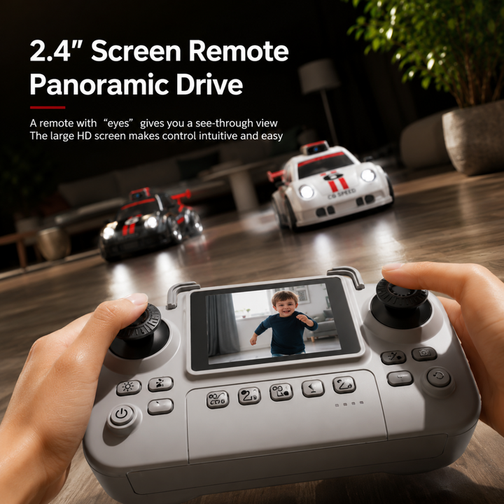 Controller with a 2.4-inch viewing screen shown in front of two RC cars