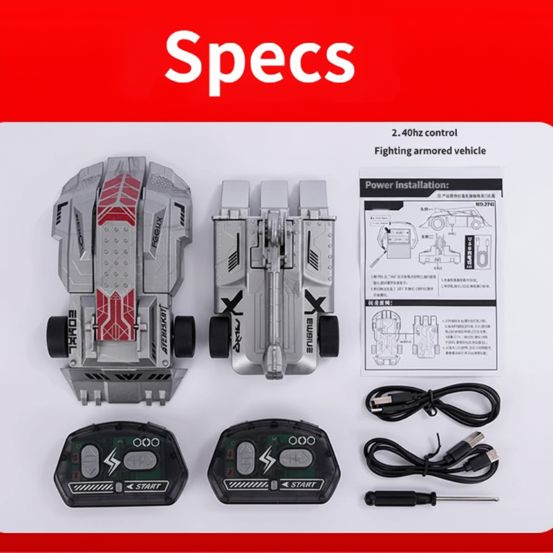 Two armored RC cars with controllers, charging cables and printed instructions laid out together