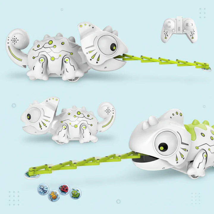 White RC chameleon shown from several angles with an extended green tongue, controller, and insect discs.