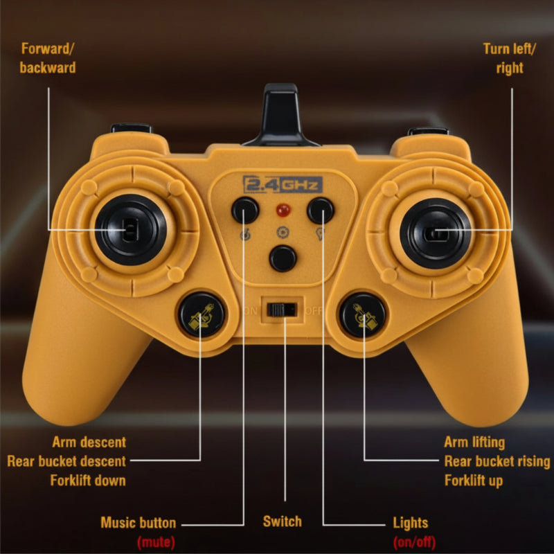 Yellow 2.4 GHz remote controller with labeled driving, arm, light, and sound controls