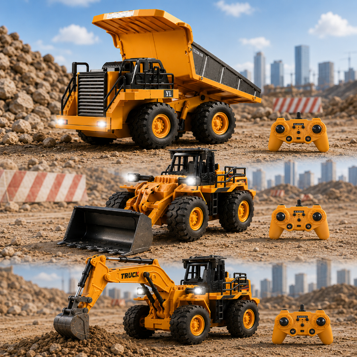 Yellow RC dump truck, bulldozer, and excavator models shown with matching controllers