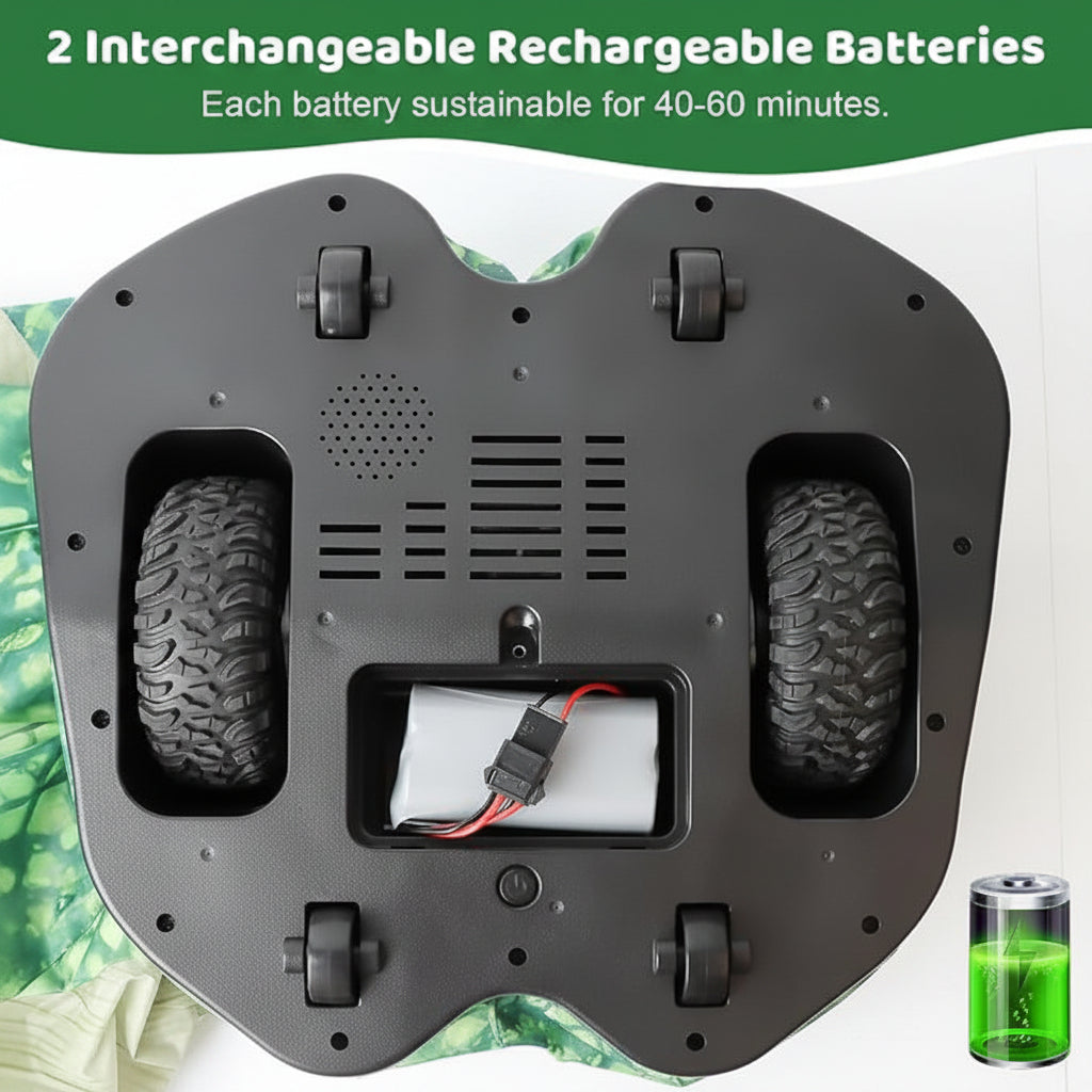 Underside of the dinosaur base showing drive wheels, a battery compartment, and a charging connector.
