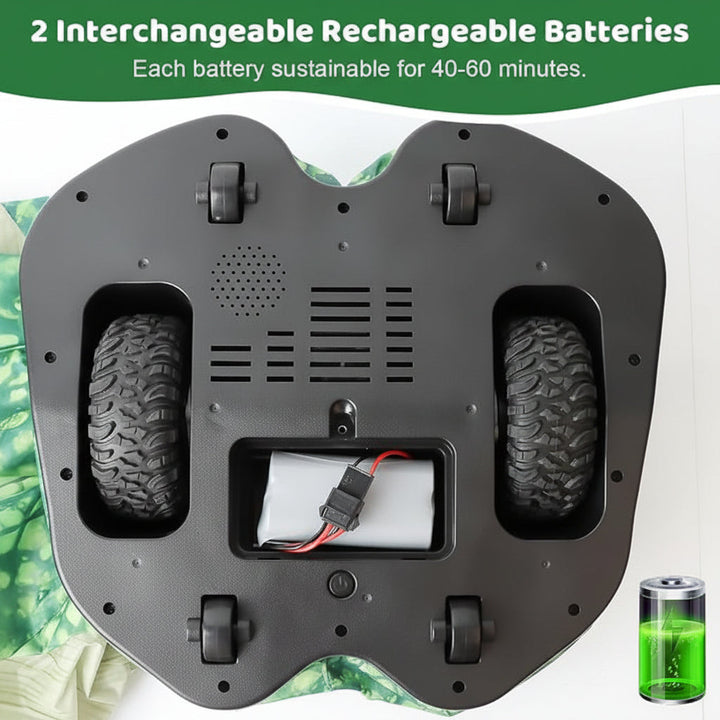 Underside of the dinosaur base showing drive wheels, a battery compartment, and a charging connector.