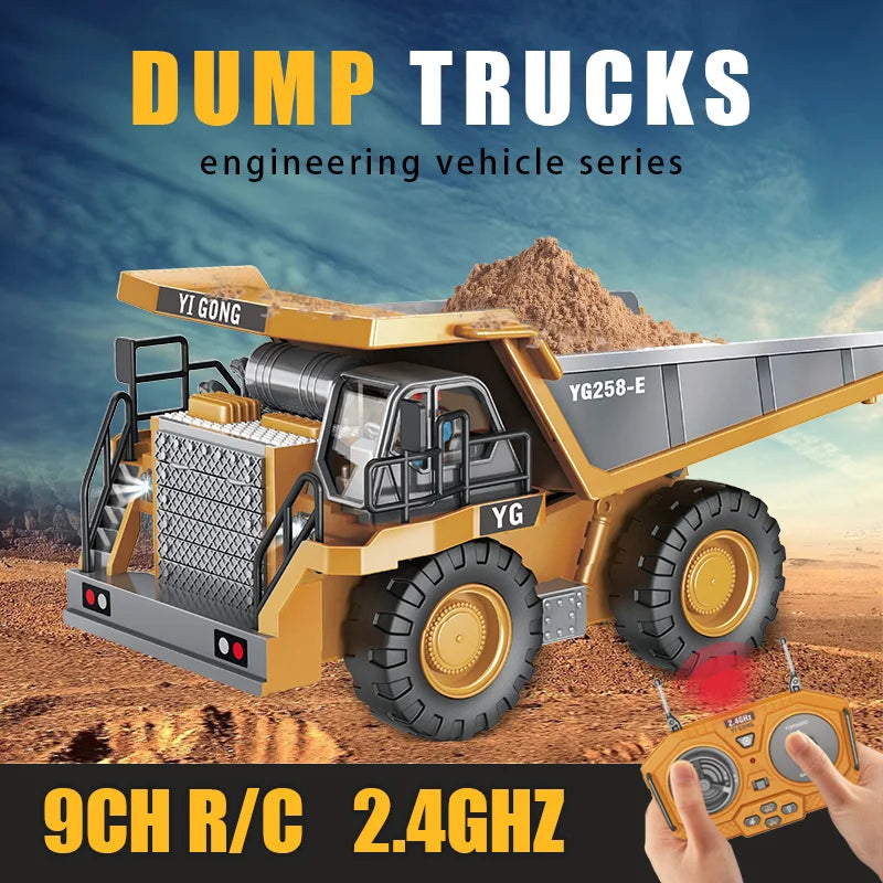 Yellow RC dump truck carrying a load of dirt, with its remote control shown below