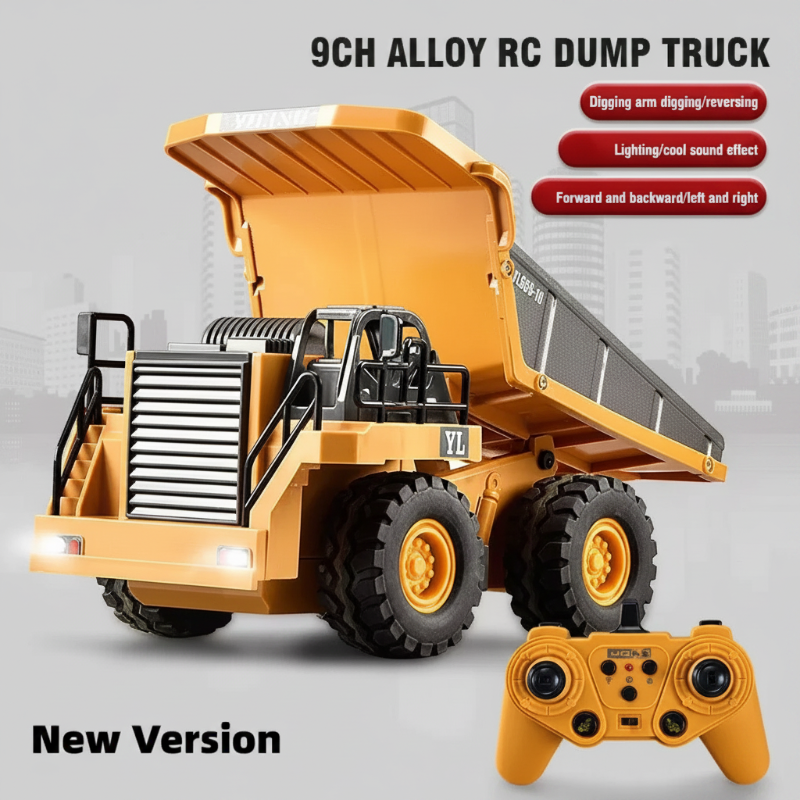Yellow RC dump truck with raised tipping bed and handheld controller