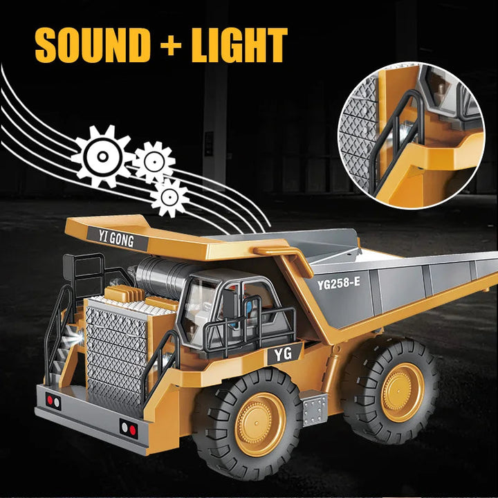 Yellow RC dump truck graphic highlighting sound effects and a close-up of the front light