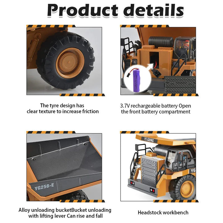 Dump truck detail panels showing treaded tires, battery access, and a lifting metal bed