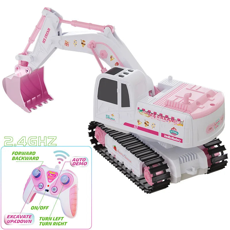 RC excavator with a raised pink bucket and a diagram of its 2.4 GHz remote controls.