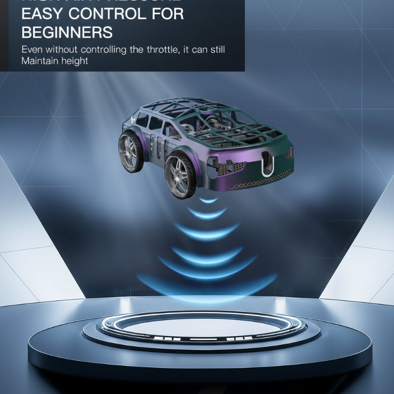 RC flying car hovering above a platform in an altitude-hold illustration