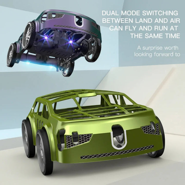 Purple RC flying car above a green car, showing air and ground modes