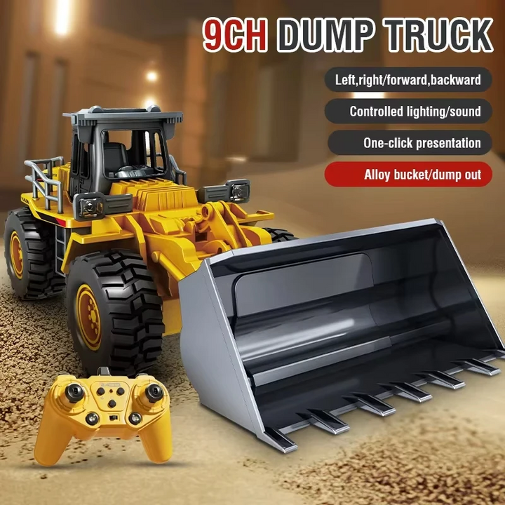 Yellow remote-controlled front loader with a wide black bucket and yellow controller