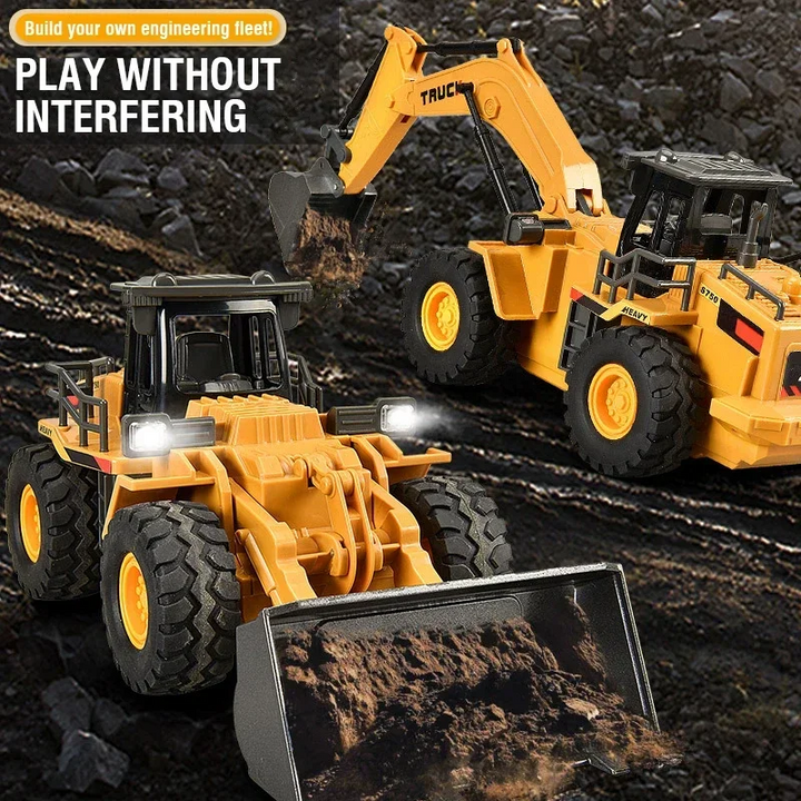 Yellow front loader carrying soil beside an excavator on a dirt play site