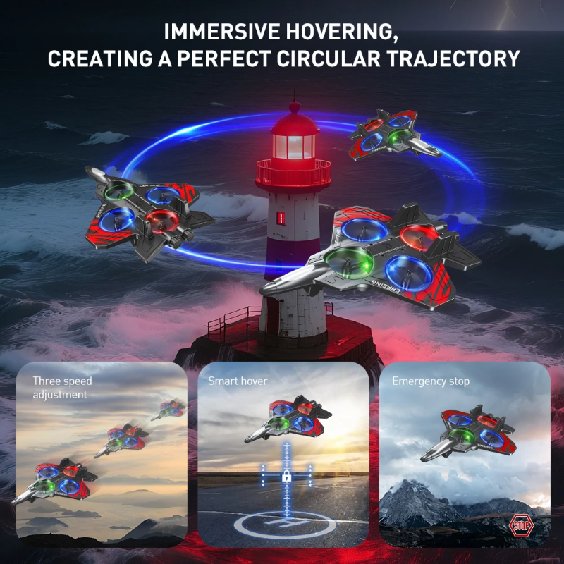 Graphic of RC stunt planes circling a lighthouse, with hovering and flight-control illustrations.