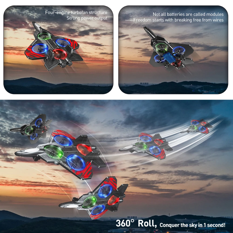 RC stunt plane graphics showing its four-propeller design and a 360-degree roll sequence.