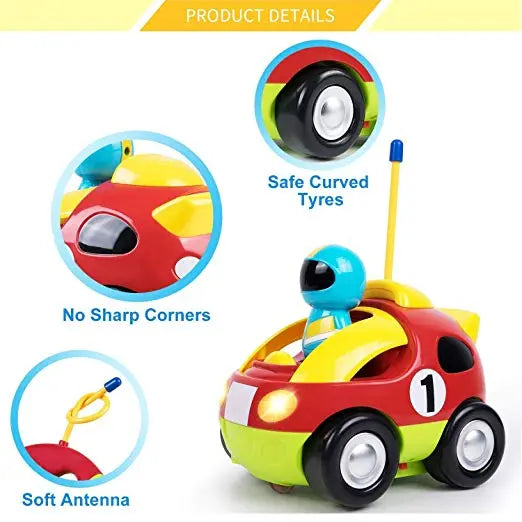 RC race car detail views showing rounded body edges, wheels, and a flexible antenna.