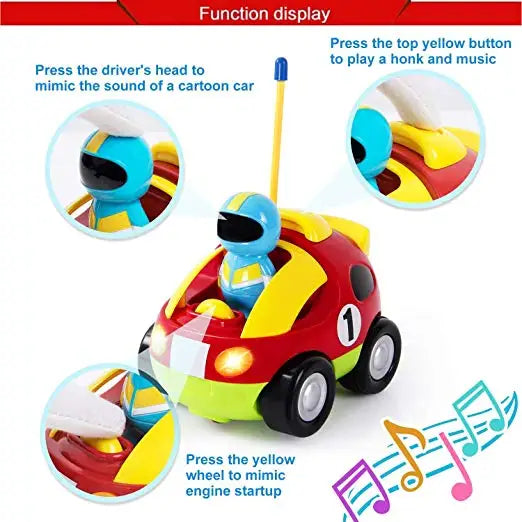 RC race car diagram highlighting controls for horn, music, and engine-start sounds.