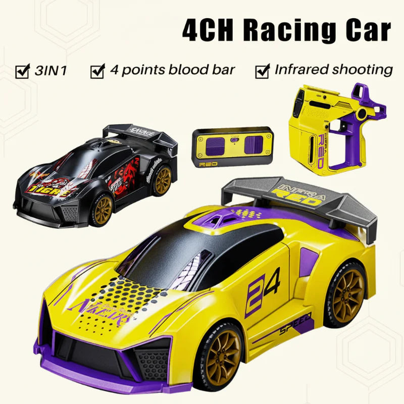 Yellow and black RC cars with infrared shooting and four-point life bar feature labels