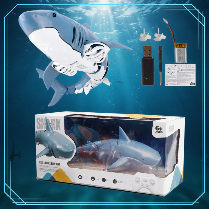 RC shark set with display box, battery, USB charger, propellers and instructions