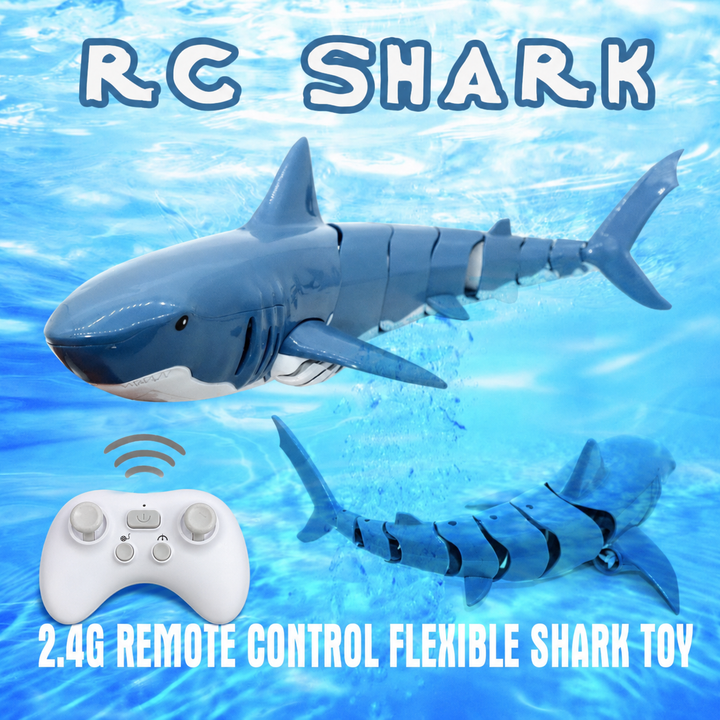 RC shark with a white remote and a second view highlighting its flexible tail