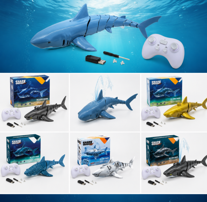 RC shark styles displayed with controllers, accessories and retail boxes