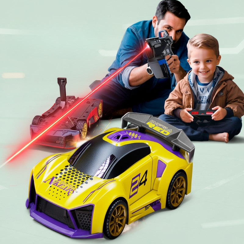 Adult and child playing with a yellow RC stunt car, handheld remote, and pistol-shaped controller