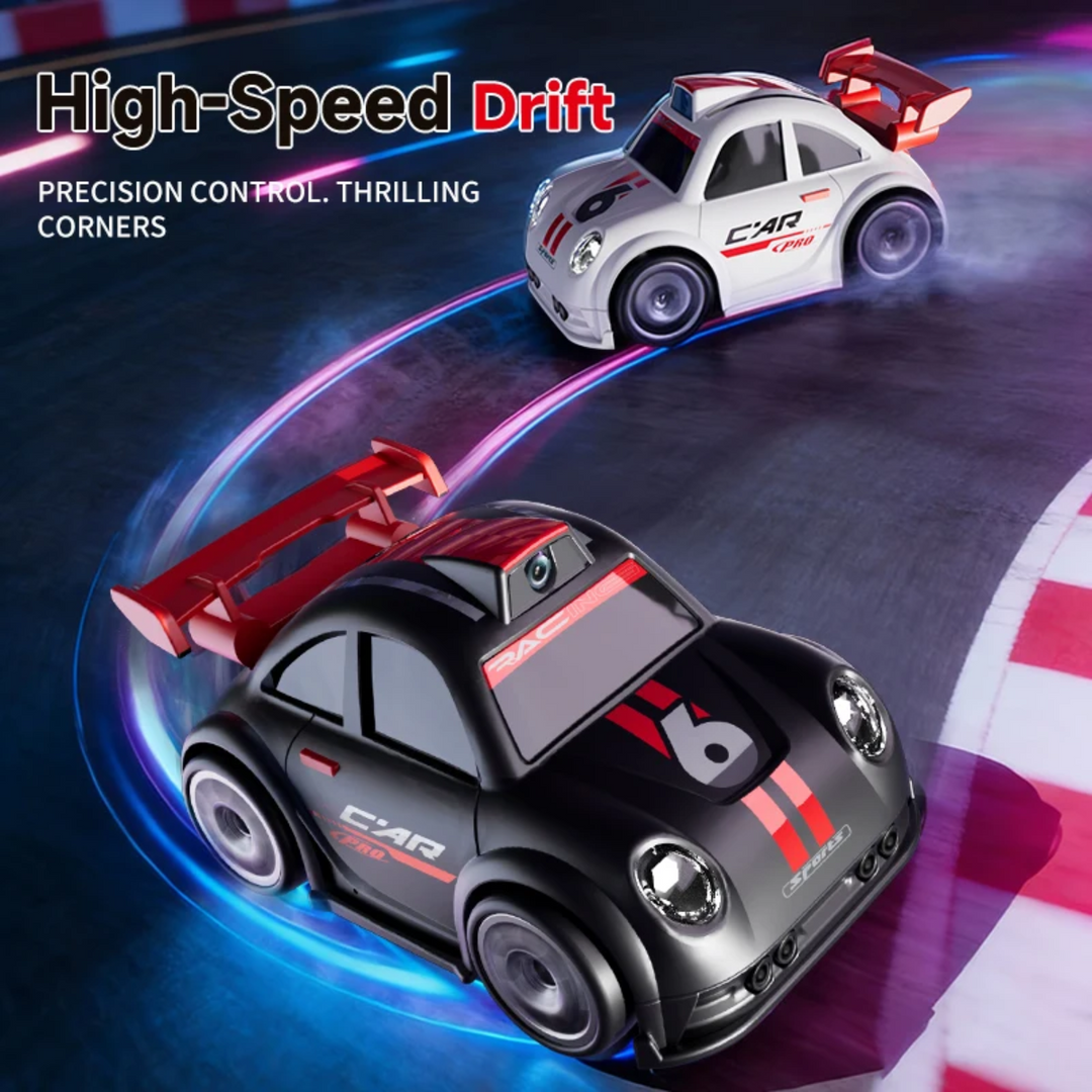 Black and white RC cars with red spoilers shown drifting through a turn