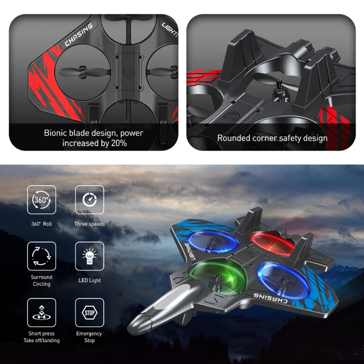 Close-ups of the propellers and rounded body corners beside a blue RC stunt plane feature graphic.