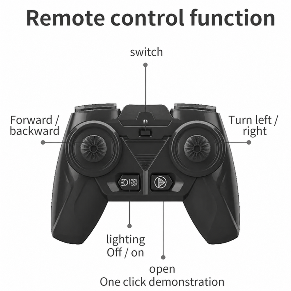 Tractor remote diagram labeling directional controls, light switch, power switch, and demonstration button