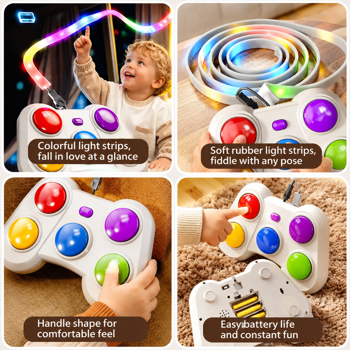 Four views showing the light strip, colored controls, rounded grips and back of the game controller
