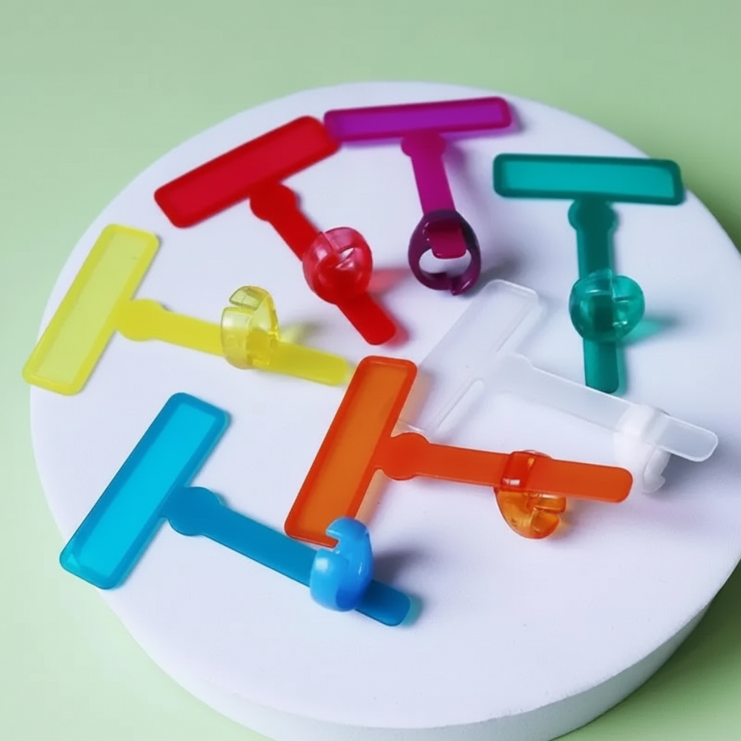 Colored reading guides with attached finger rings displayed on a round white platform.