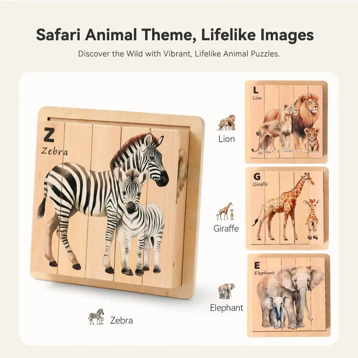 Zebra block puzzle beside lion, giraffe, and elephant picture examples