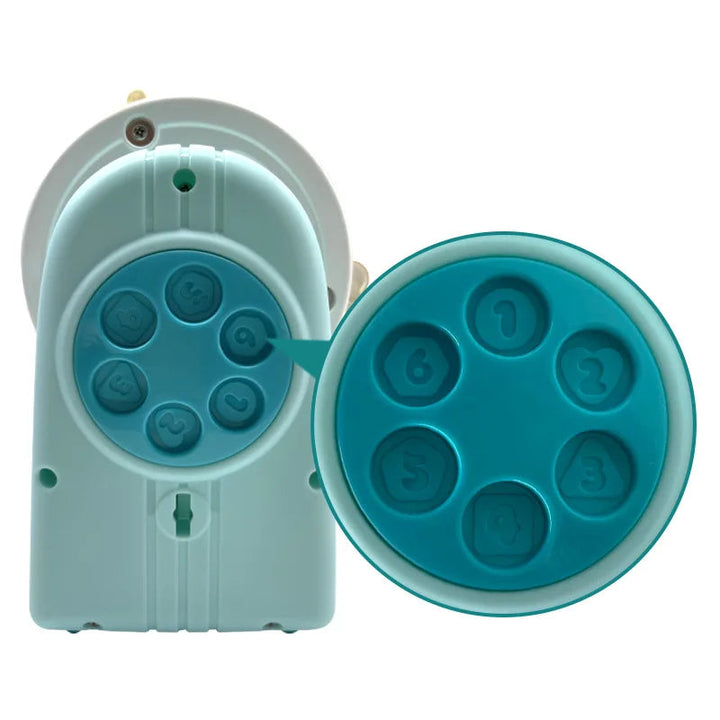 Back of the blue animal music box with a close-up of its raised number panel