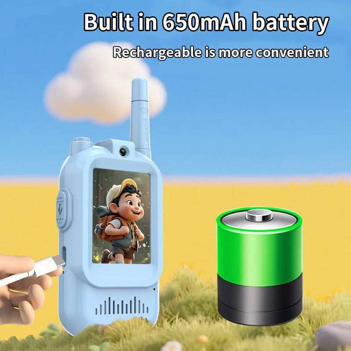 Charging cable beside a blue video intercom and a 650 mAh rechargeable battery graphic