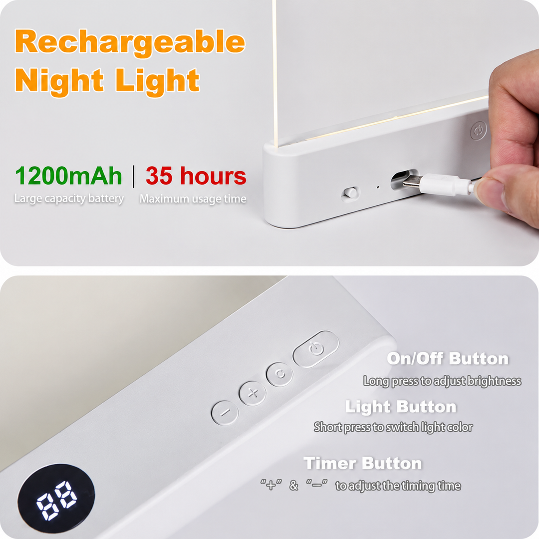 White rechargeable book light showing its charging connection and button controls