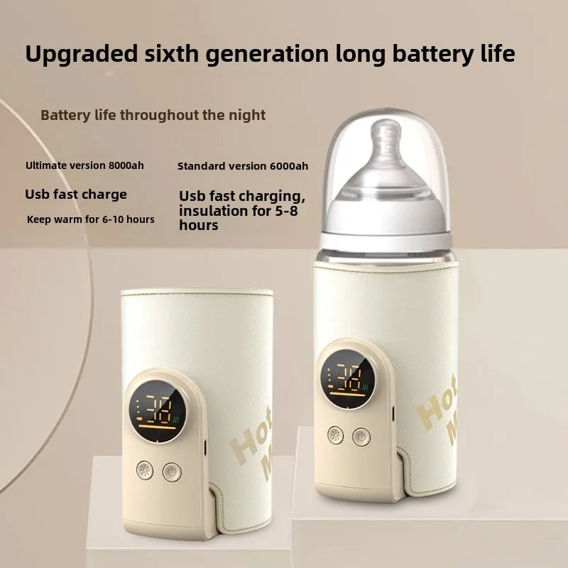 Rechargeable bottle warmer with a digital display, shown with and without a feeding bottle