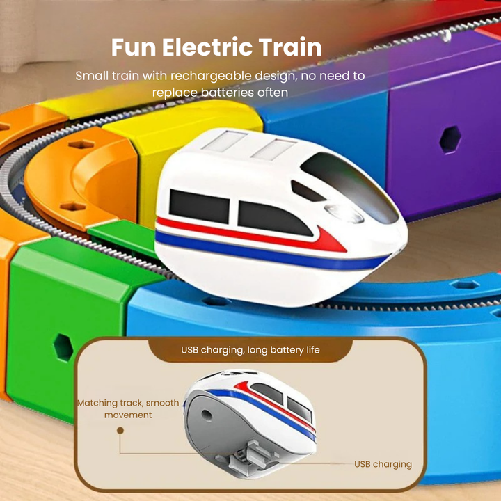 Close-up of a white rechargeable toy train on colorful rails with a USB charging detail