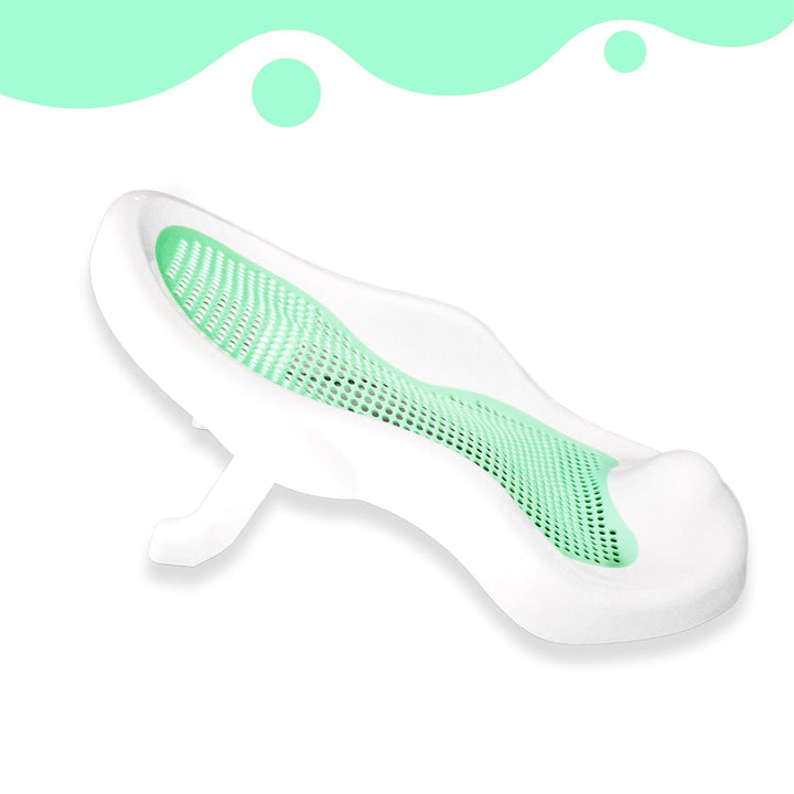 Side view of the reclined green mesh bath seat showing the raised back and support leg