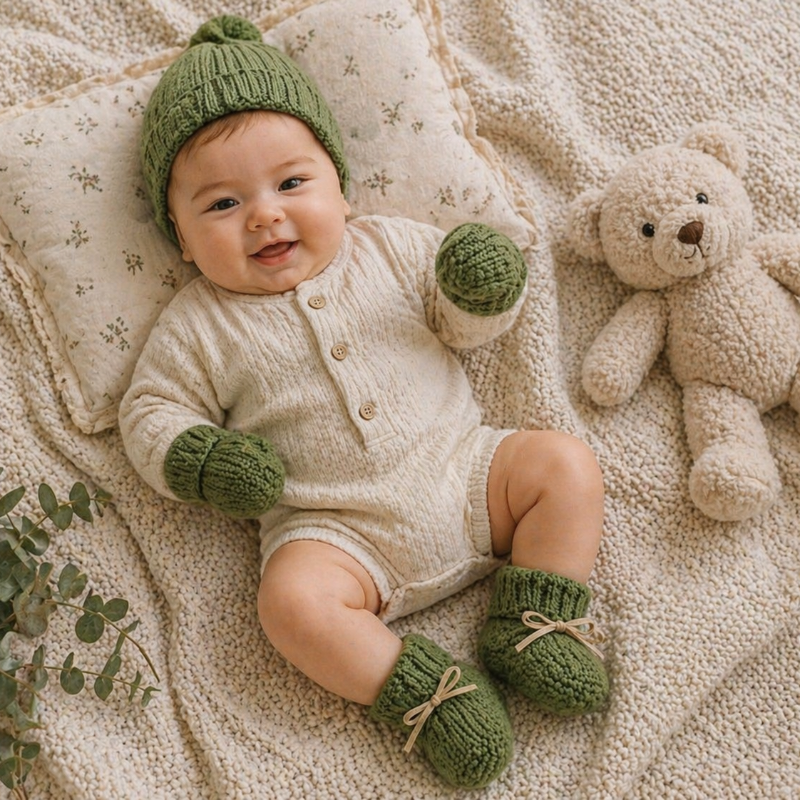 Baby reclining on a cream blanket in green knitted mittens and booties