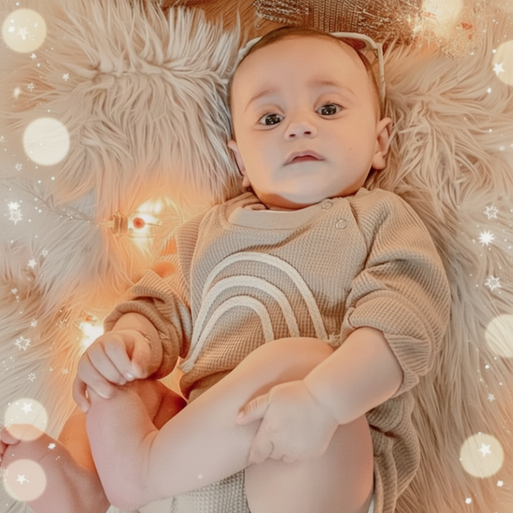 Baby lying down in a beige long-sleeve bodysuit with a raised rainbow design