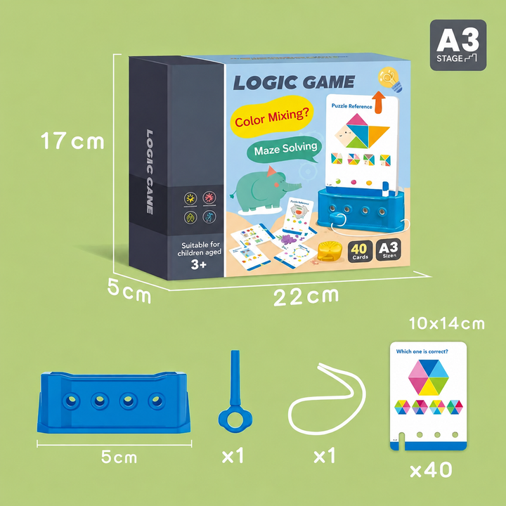 Recognizing Colors set with blue board, pointer, cord, 40 cards and package measurements.