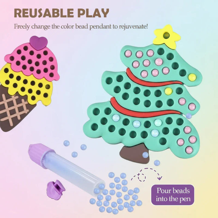 Refillable bead pen beside tree and ice cream templates with removable colored beads