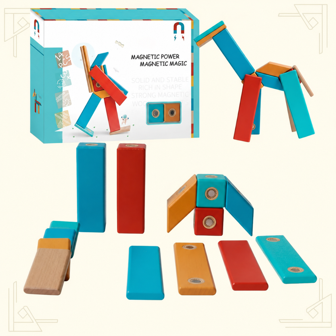 Rectangular wooden magnetic pieces with animal figures and product packaging