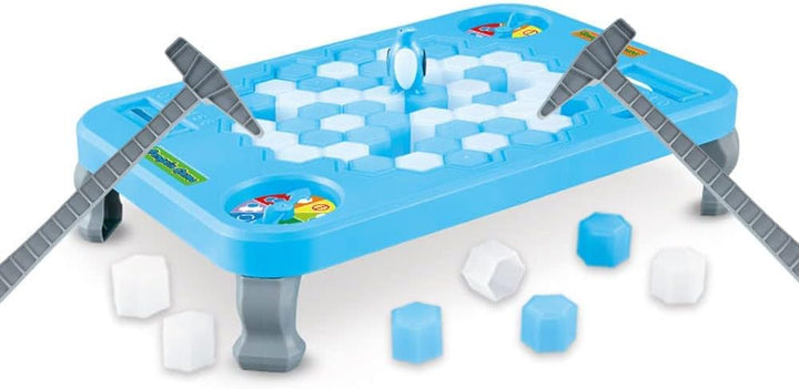 Rectangular penguin game board with two hammers, blue and white blocks, and a built-in spinner