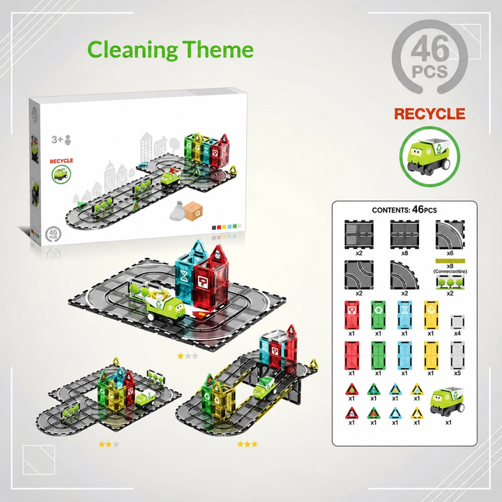 46-piece recycling-themed magnetic road set with a green garbage truck and layout examples