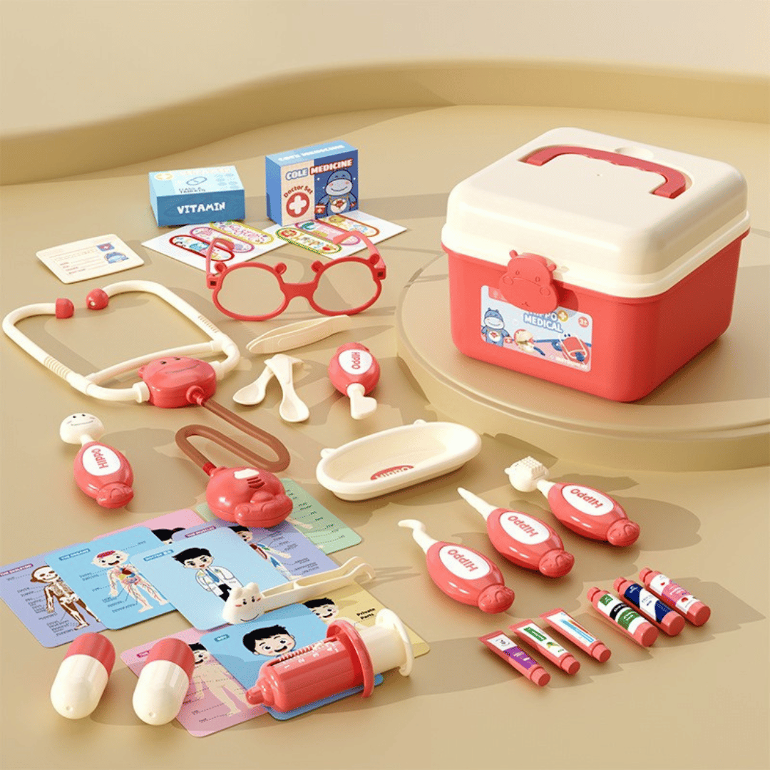 37-piece red toy doctor set with a rectangular storage case, toy stethoscope, syringe, and accessories