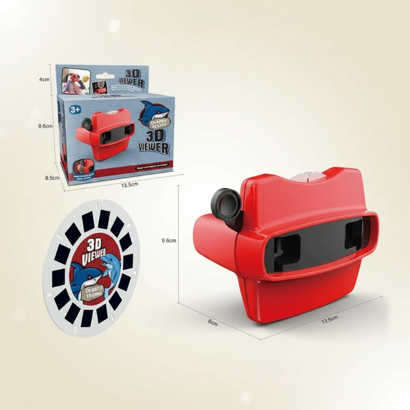 Red 3D viewer with a picture reel, retail box, and measurement guides