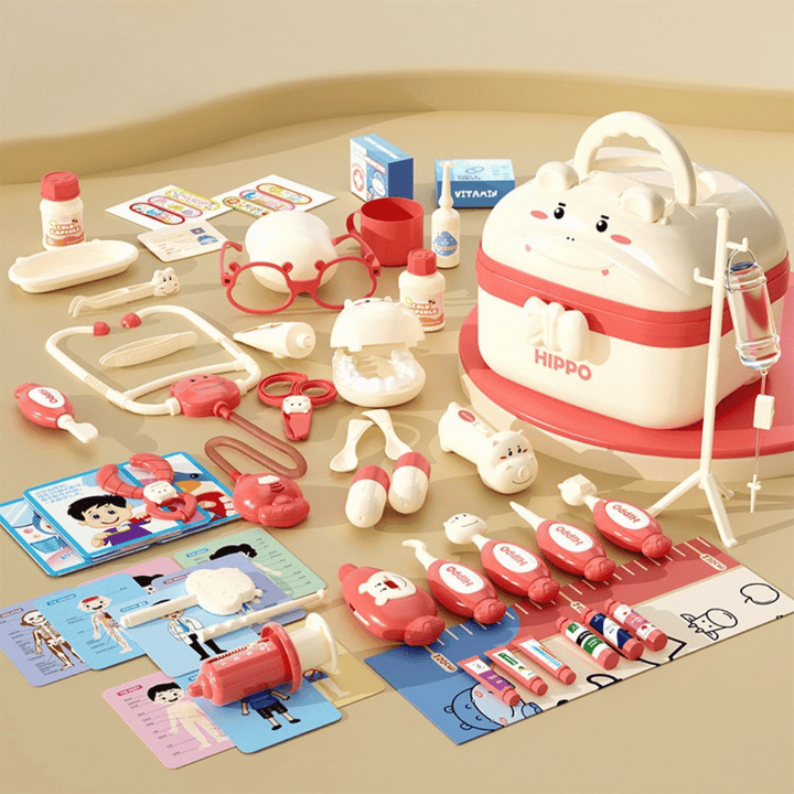 58-piece red toy doctor set with an animal-face storage case, toy stethoscope, and syringe