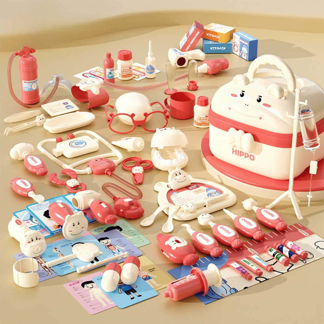 72-piece red toy doctor set with an animal-face storage case and assorted pretend medical tools
