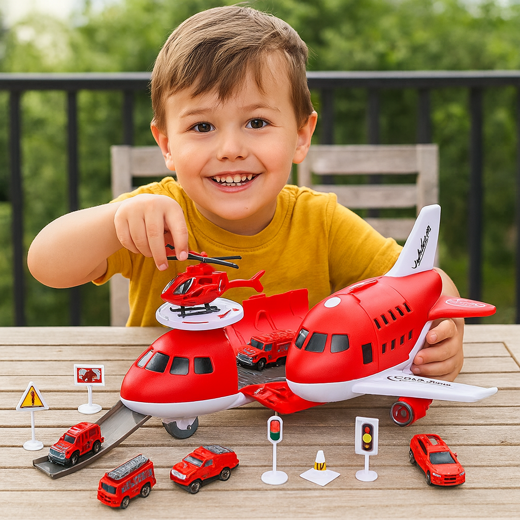 Child playing with a red airport set, including an airplane, helicopter, vehicles, and road signs