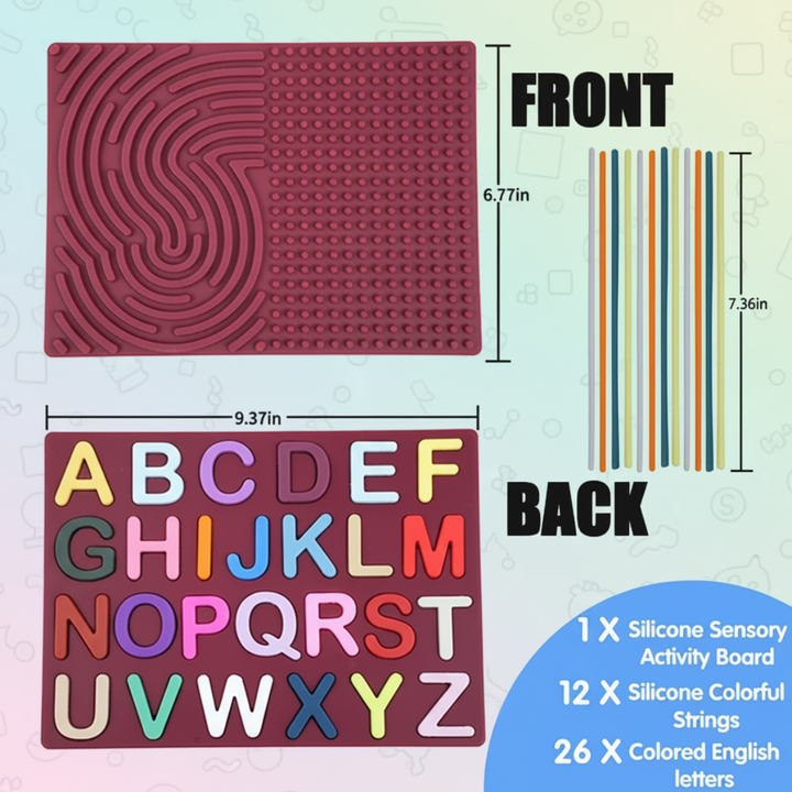 Red activity board showing both sides, dimensions, 12 silicone strings, and 26 letters